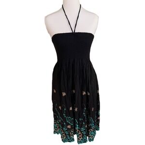 Amore Black Boho Embroidered & Sequin Halter Dress Smocked Teal VTG women's S/M